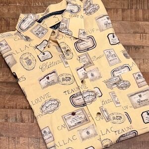 Nautica Mens XL Vintage Wine Label Print Button Down Shirt Rayon Cotton Cream